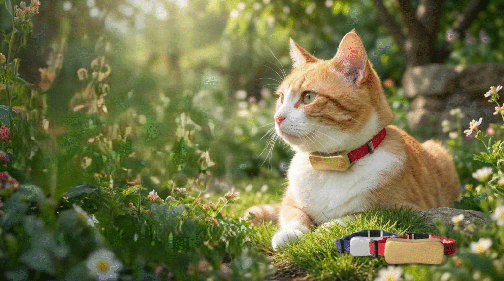 超小型のペット用GPSトラッカー『ねこなら』を首輪に装着した猫の首元クローズアップ