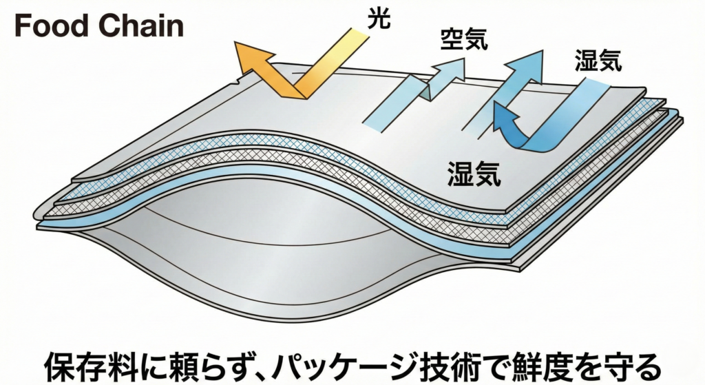 Food Chainパウチの断面図イラスト。
4層アルミ構造を強調し、「光・空気・湿気」を遮断している様子を図示。   
キャプション: 「保存料に頼らず、パッケージ技術で鮮度を守る」。