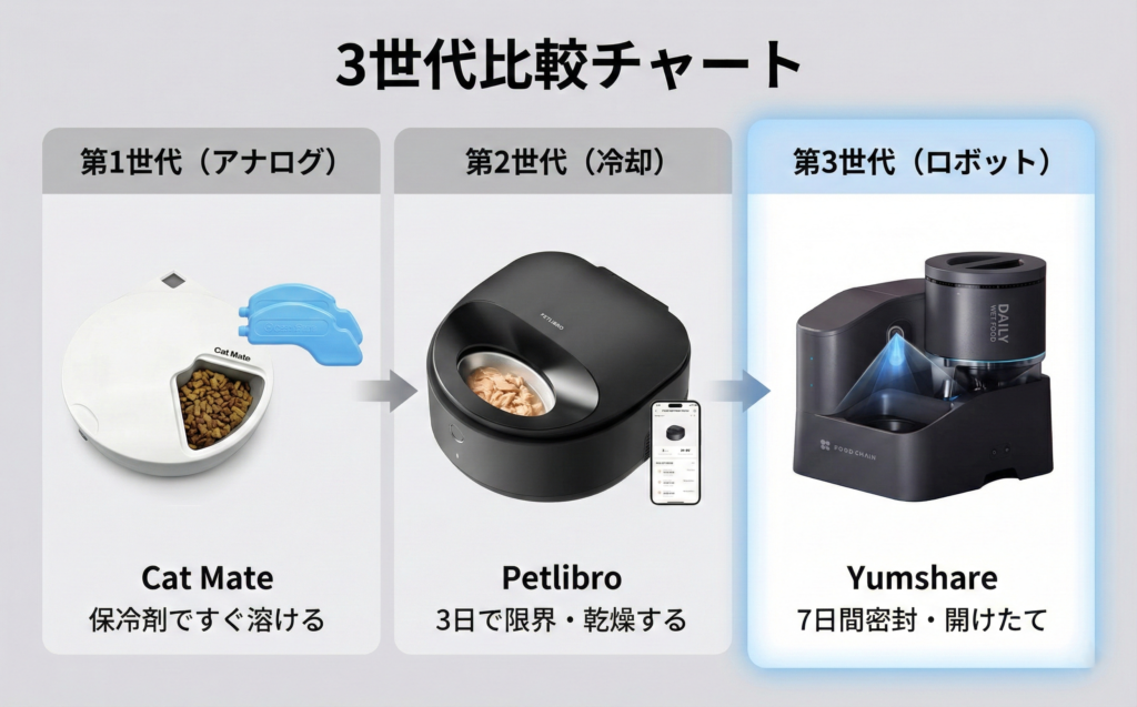 3世代比較チャート
第1世代（アナログ）: Cat Mateの写真 × 「保冷剤ですぐ溶ける」。
第2世代（冷却）: Petlibroの写真 × 「3日で限界・乾燥する」。
第3世代（ロボット）: Yumshareの写真 × 「7日間密封・開けたて」。
一目で「なぜYumshareが優れているか」を直感させる。