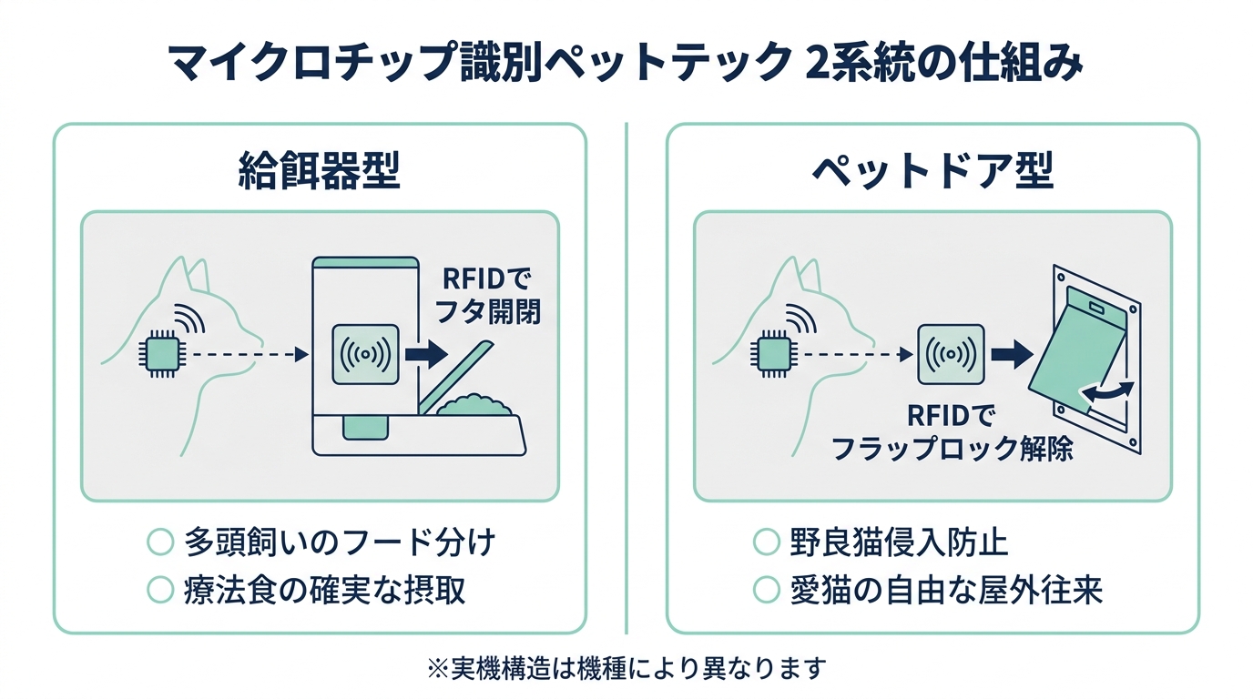 マイクロチップ識別ペットテックの2系統（給餌器型・ペットドア型）の動作原理を並列比較したインフォグラフィック