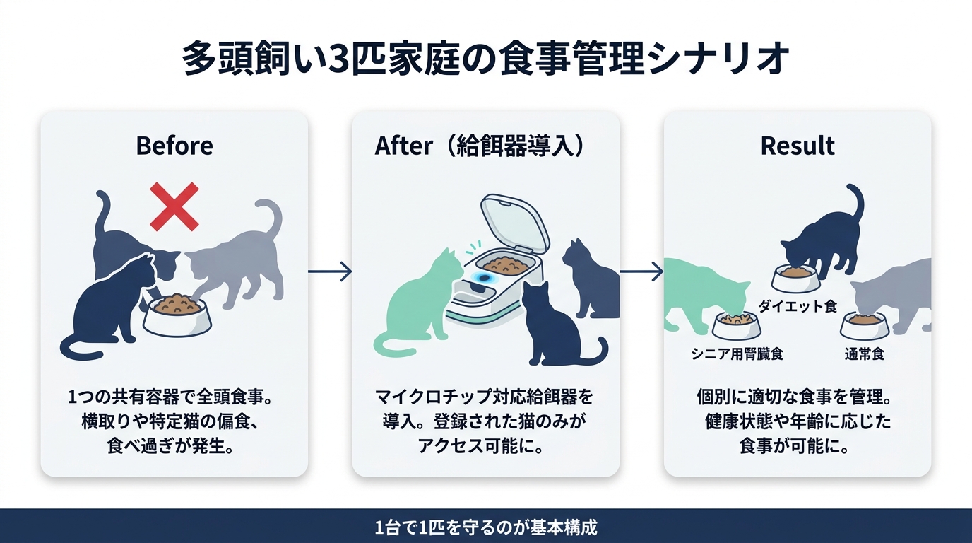 多頭飼い3匹家庭で、シニア猫だけ腎臓食を与え、他2匹のフード横取りを防ぐマイクロチップ給餌器の動作シナリオ
