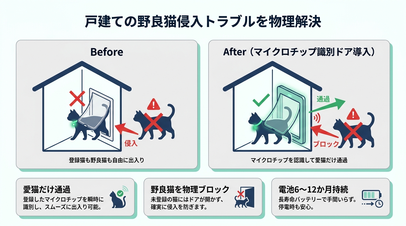 戸建て住宅でマイクロチップ識別ペットドアにより、愛猫が自由に屋外往来する一方で野良猫の侵入をブロックする動作シナリオ