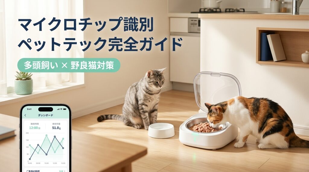 マイクロチップ識別ペットテック完全ガイドのアイキャッチ画像。多頭飼いの食事管理と野良猫対策を象徴するライフスタイル写真