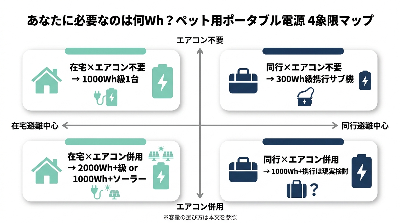 飼育規模軸とエアコン稼働軸でペット用ポータブル電源を4象限に分けた判断マップ
