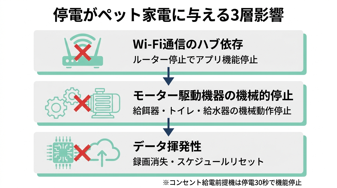 停電がペット家電に与える3種類の影響(Wi-Fi切断・モーター停止・データ揮発)を整理したインフォグラフィック