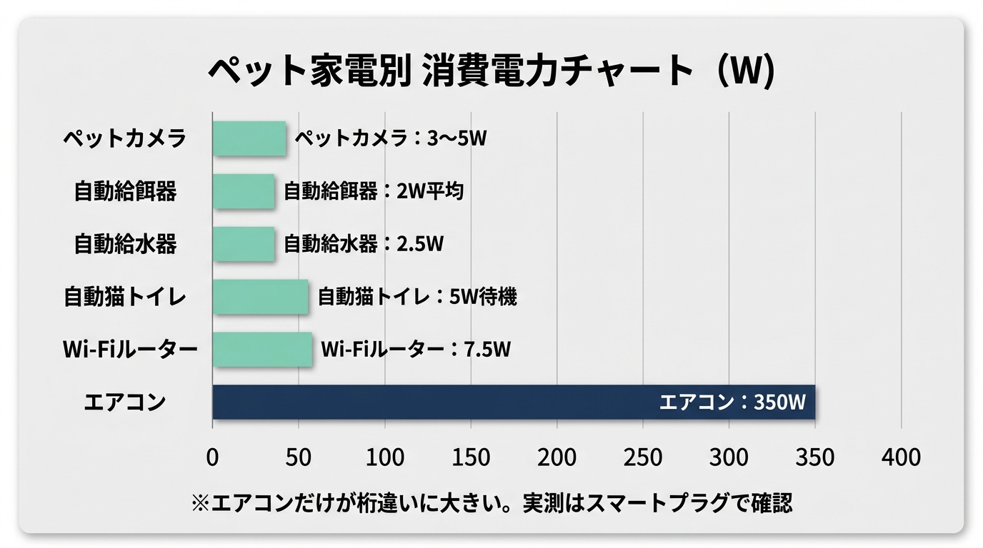 ペット家電別の消費電力チャート(カメラ・給餌器・自動トイレ・給水器・エアコンの目安一覧)