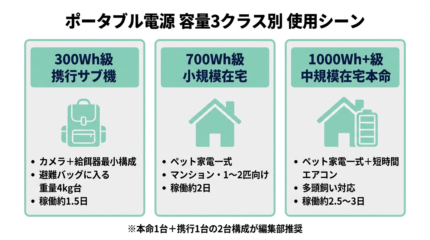 ポータブル電源容量3クラス(300Wh/700Wh/1000Wh+)それぞれの使用シーンとペット家電稼働時間の対応図