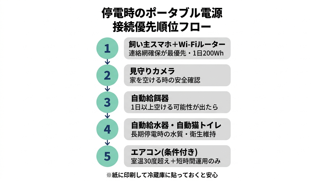 在宅避難時のポータブル電源接続優先順位フロー(スマホ・ルーター→カメラ→給餌器→給水器→エアコン)