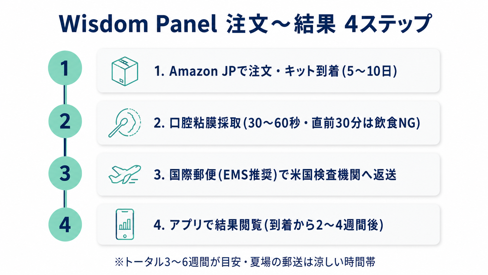Wisdom Panel注文から結果閲覧までの4ステップフロー（キット注文・採取・国際郵便返送・アプリで結果閲覧）