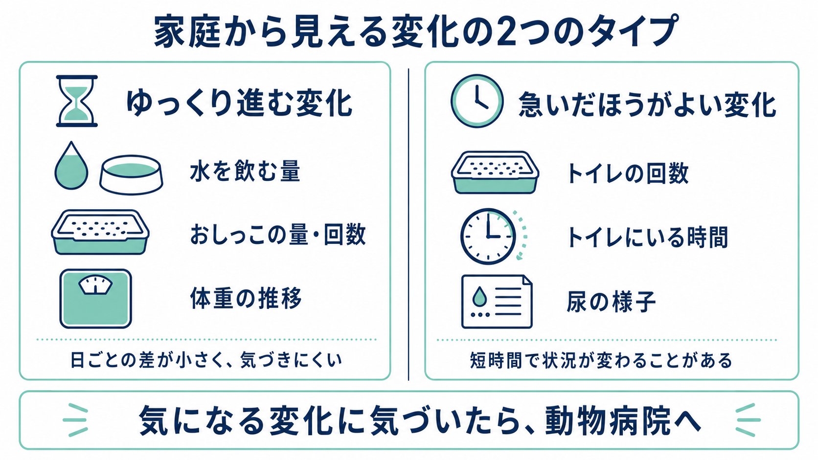 猫の家庭から見える変化を「ゆっくり進む変化(水を飲む量・おしっこの量と回数・体重の推移)」と「急いだほうがよい変化(トイレの回数・トイレにいる時間・尿の様子)」の2つのタイプに整理した概念図